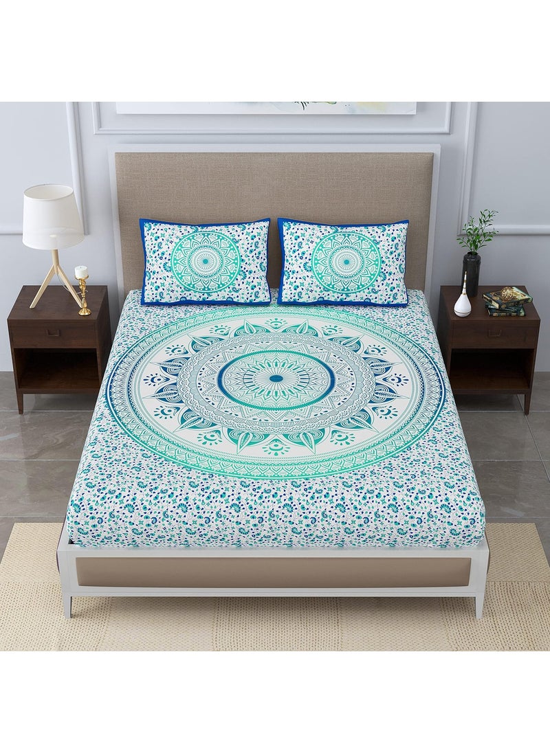 SheetKart 100 Cotton Bedsheet for Double Bed King Size with 2 Pillow CoversOmbre Mandala Jaipuri Printed Bed SheetTurquoise Treat144 TC