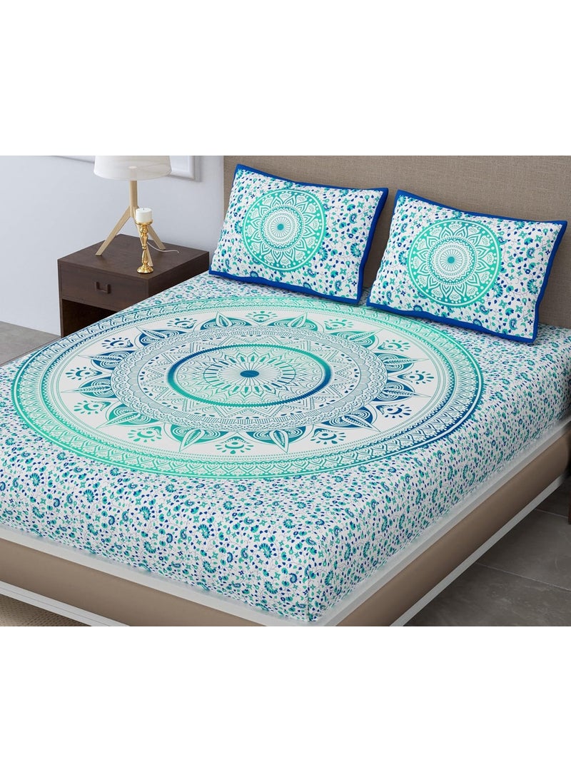 SheetKart 100 Cotton Bedsheet for Double Bed King Size with 2 Pillow CoversOmbre Mandala Jaipuri Printed Bed SheetTurquoise Treat144 TC