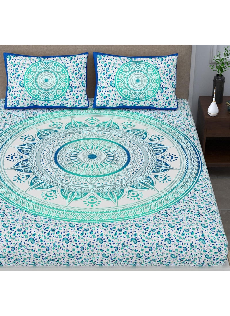 SheetKart 100 Cotton Bedsheet for Double Bed King Size with 2 Pillow CoversOmbre Mandala Jaipuri Printed Bed SheetTurquoise Treat144 TC