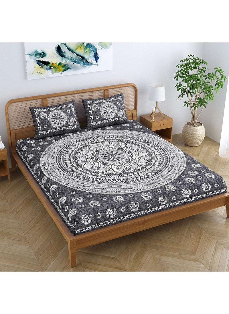 SheetKart Floral Motif Mandala 100 Cotton Bedsheet for Double Bed King Size with 2 Pillow Covers Jaipuri Printed Bed Cover Charcoal Grey