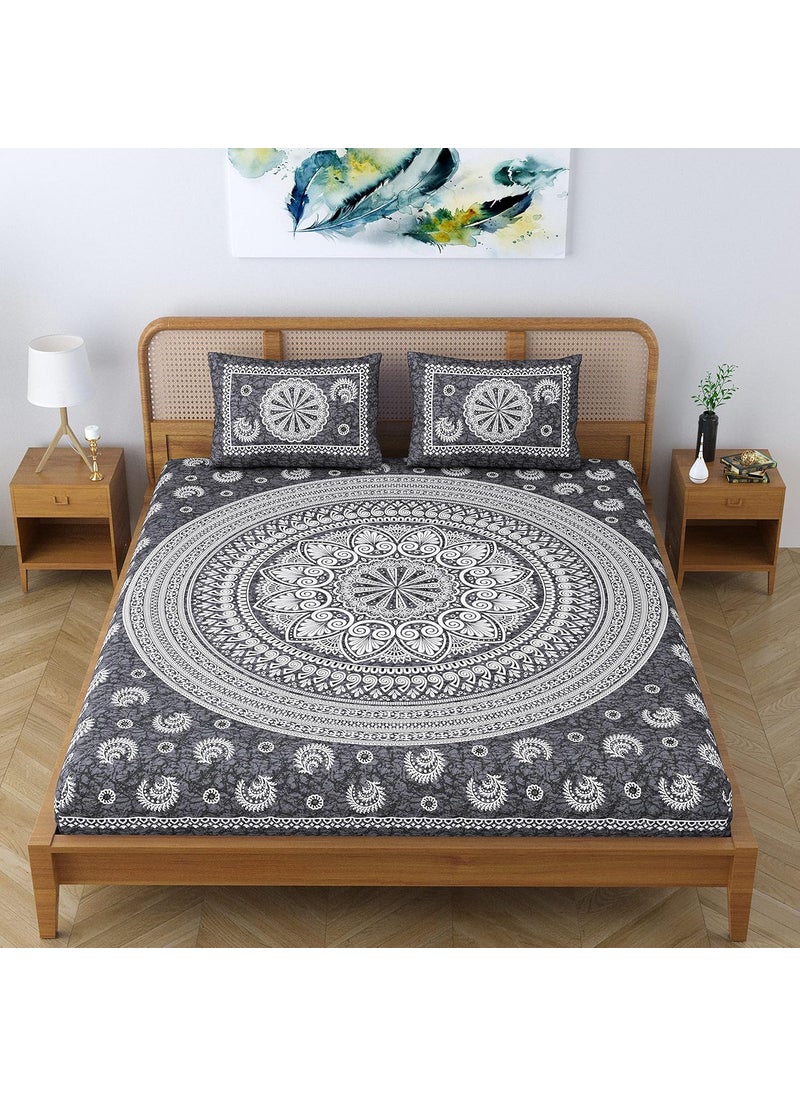 SheetKart Floral Motif Mandala 100 Cotton Bedsheet for Double Bed King Size with 2 Pillow Covers Jaipuri Printed Bed Cover Charcoal Grey