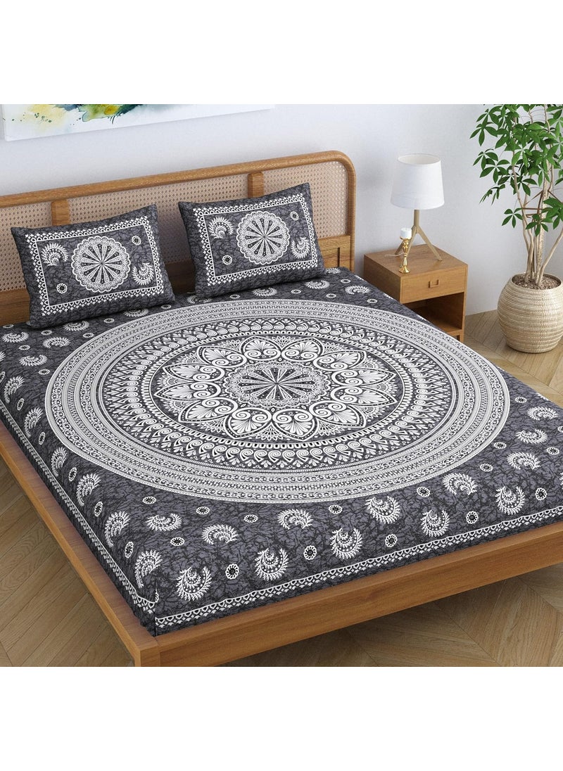 SheetKart Floral Motif Mandala 100 Cotton Bedsheet for Double Bed King Size with 2 Pillow Covers Jaipuri Printed Bed Cover Charcoal Grey