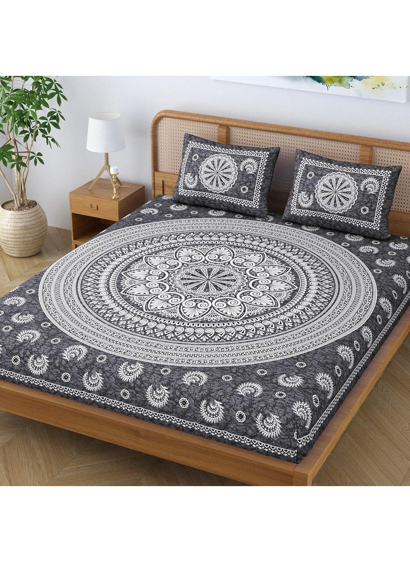SheetKart Floral Motif Mandala 100 Cotton Bedsheet for Double Bed King Size with 2 Pillow Covers Jaipuri Printed Bed Cover Charcoal Grey