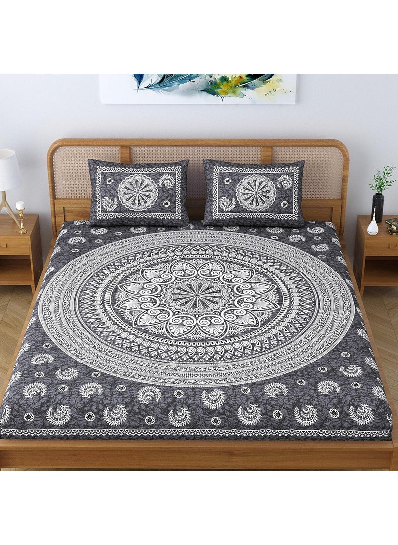 SheetKart Floral Motif Mandala 100 Cotton Bedsheet for Double Bed King Size with 2 Pillow Covers Jaipuri Printed Bed Cover Charcoal Grey