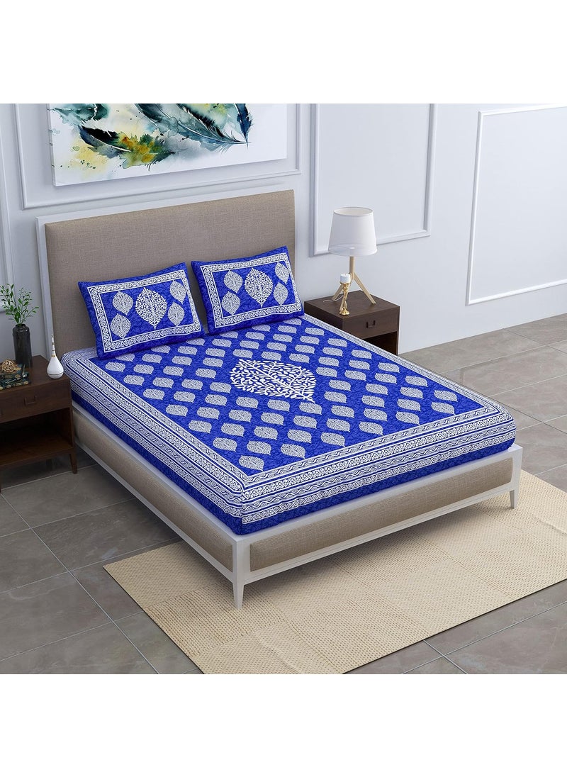 SheetKart Floral Paisley 144 TC Cotton Double Bedsheet with 2 Pillow Covers Sapphire Blue