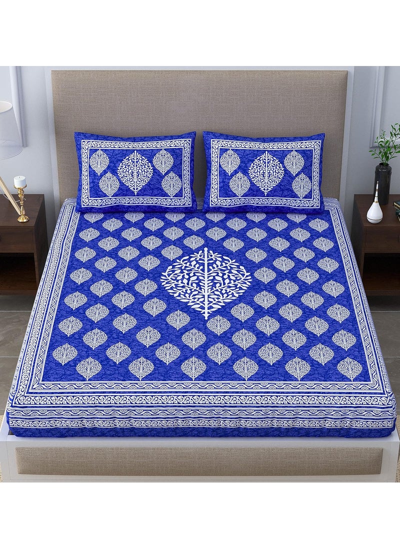 SheetKart Floral Paisley 144 TC Cotton Double Bedsheet with 2 Pillow Covers Sapphire Blue