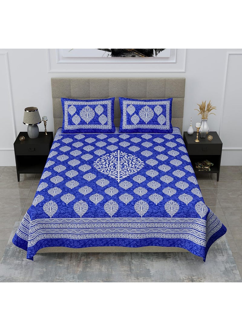 SheetKart Floral Paisley 144 TC Cotton Double Bedsheet with 2 Pillow Covers Sapphire Blue