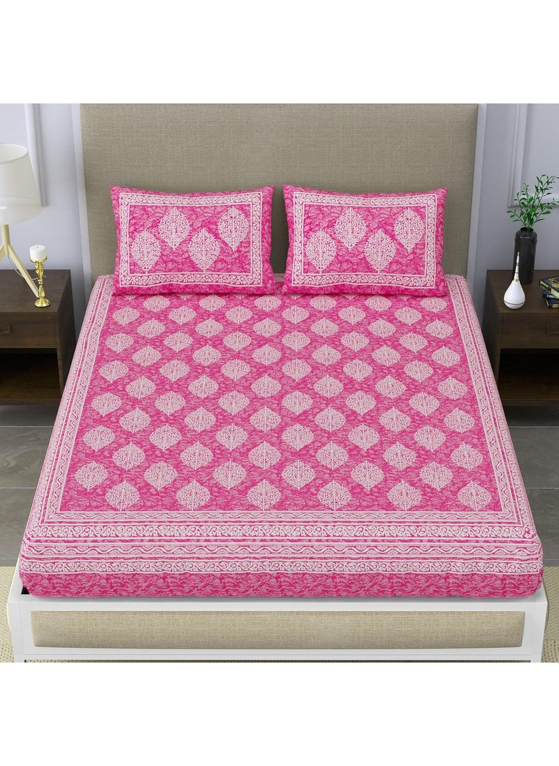 SheetKart 144 TC Cotton Printed Jaipuri Double Bedsheet with 2 Pillow Covers Pink