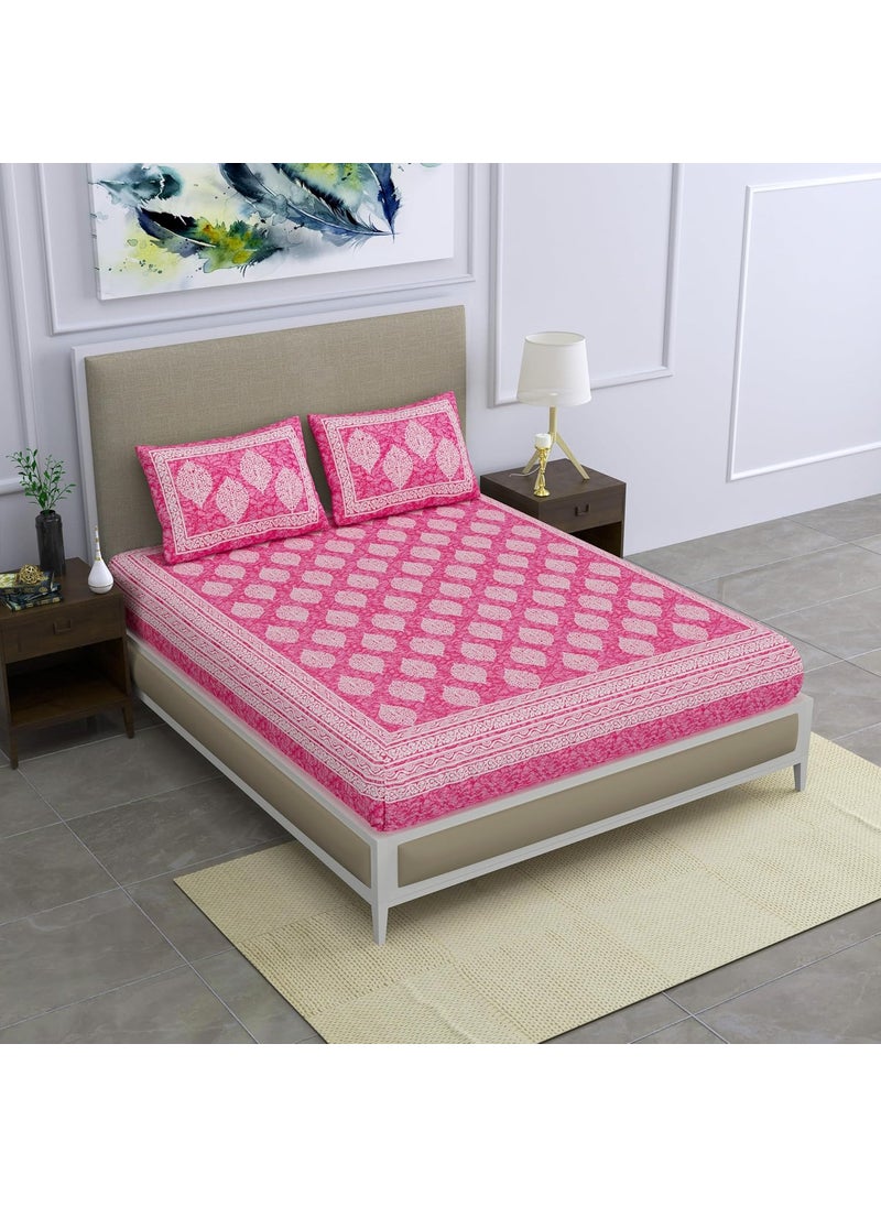 SheetKart 144 TC Cotton Printed Jaipuri Double Bedsheet with 2 Pillow Covers Pink