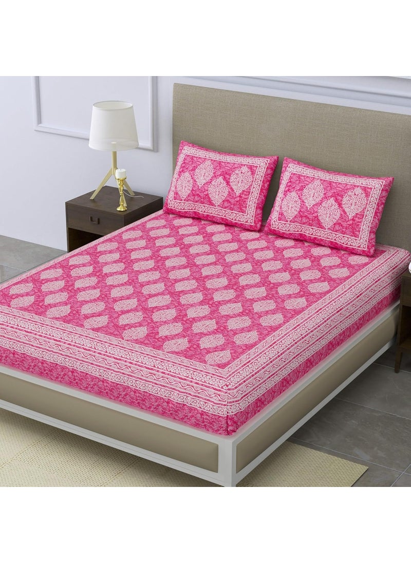 SheetKart 144 TC Cotton Printed Jaipuri Double Bedsheet with 2 Pillow Covers Pink