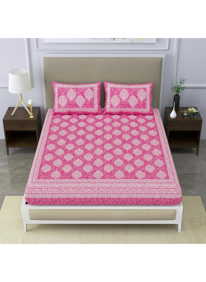 SheetKart 144 TC Cotton Printed Jaipuri Double Bedsheet with 2 Pillow Covers Pink