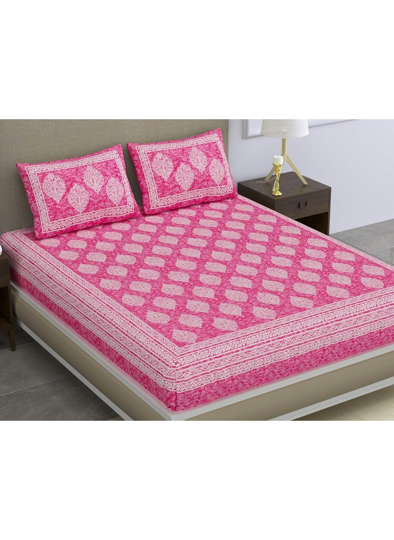 SheetKart 144 TC Cotton Printed Jaipuri Double Bedsheet with 2 Pillow Covers Pink