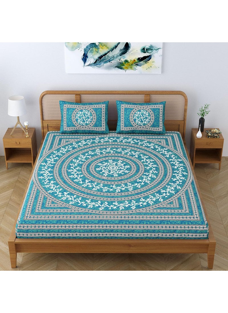 SheetKart Mandala Floral 144 TC 100 Cotton Double Bedsheet Jaipuri Printed Bed Cover with 2 Pillow Covers Sea Green