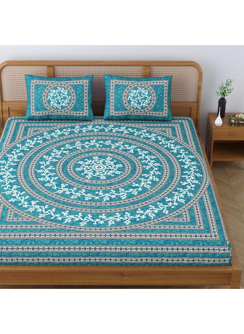 SheetKart Mandala Floral 144 TC 100 Cotton Double Bedsheet Jaipuri Printed Bed Cover with 2 Pillow Covers Sea Green