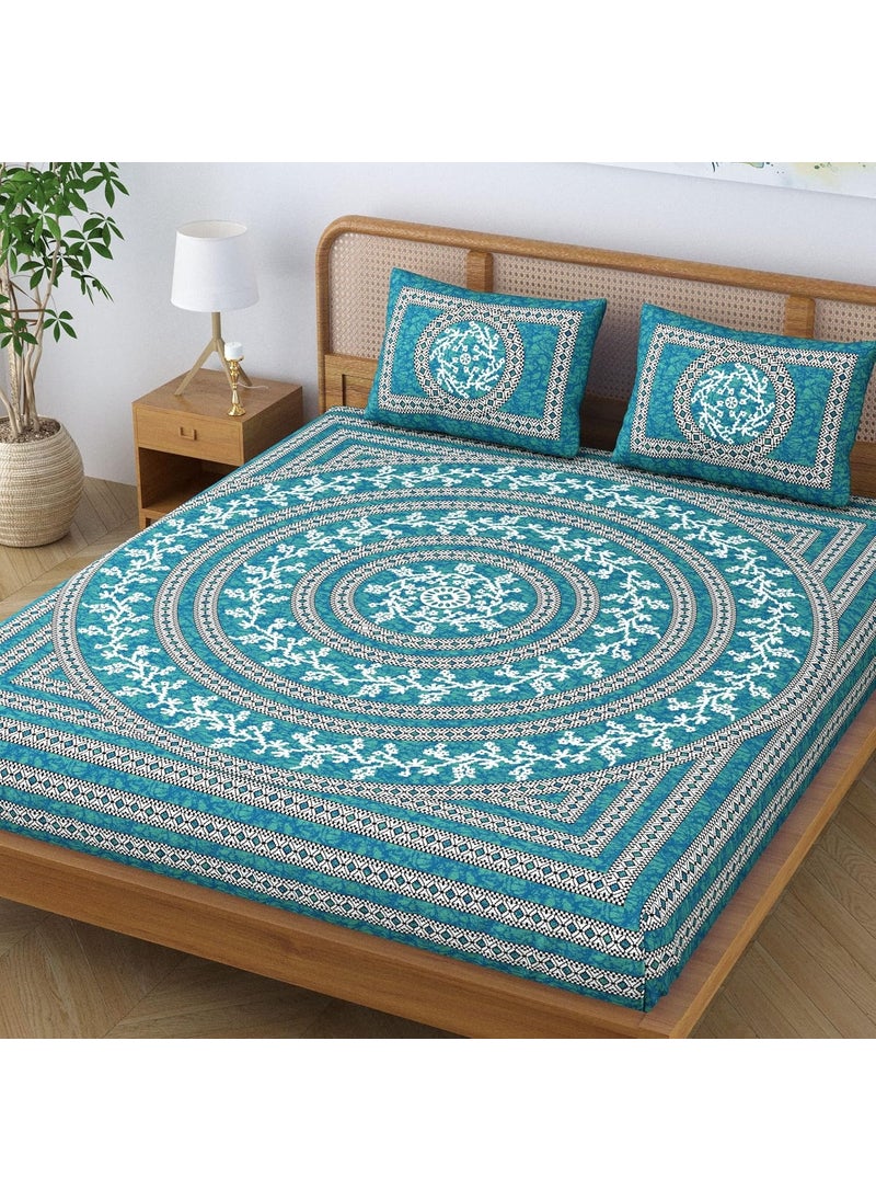 SheetKart Mandala Floral 144 TC 100 Cotton Double Bedsheet Jaipuri Printed Bed Cover with 2 Pillow Covers Sea Green