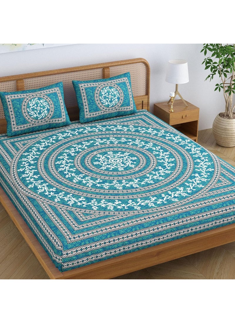 SheetKart Mandala Floral 144 TC 100 Cotton Double Bedsheet Jaipuri Printed Bed Cover with 2 Pillow Covers Sea Green