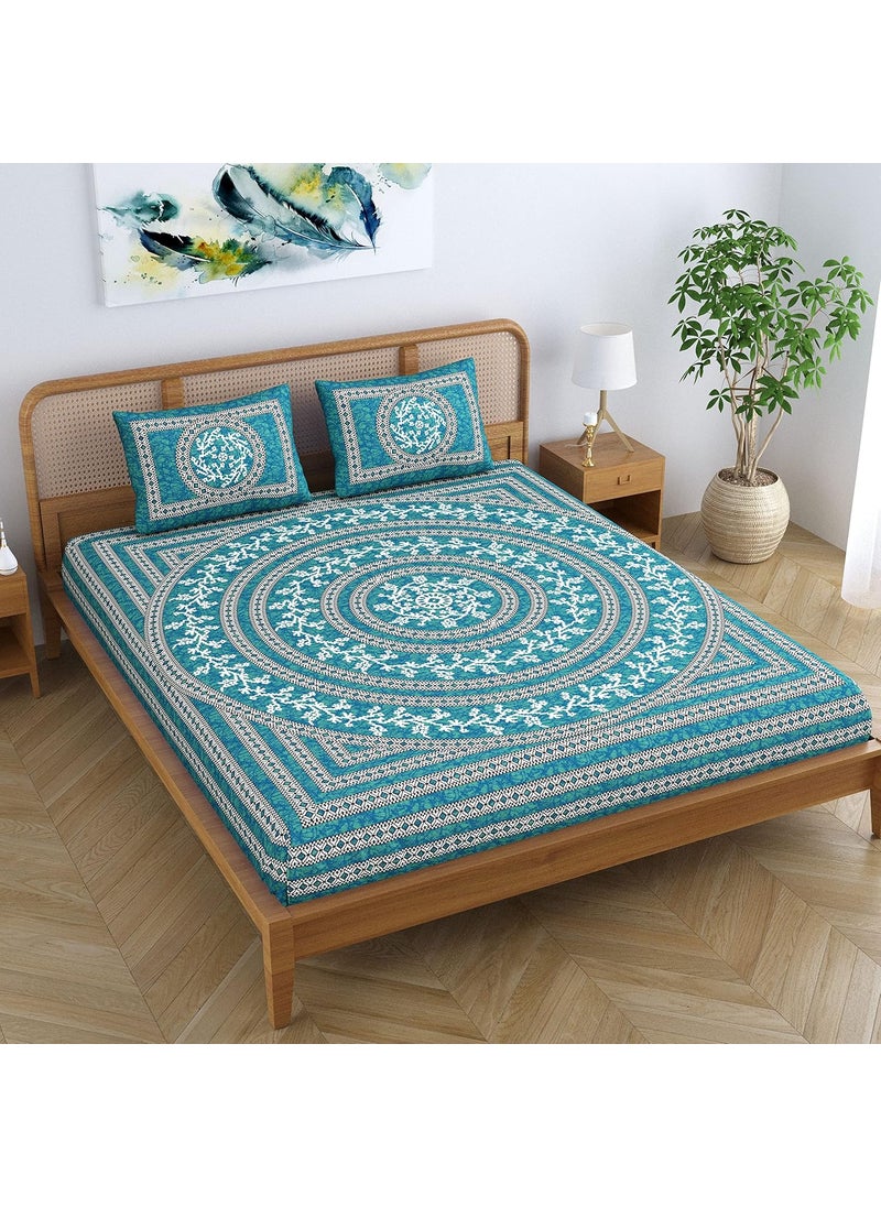 SheetKart Mandala Floral 144 TC 100 Cotton Double Bedsheet Jaipuri Printed Bed Cover with 2 Pillow Covers Sea Green