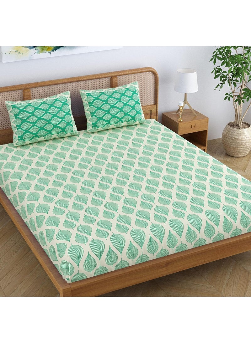 SheetKart Pure Cotton Aspen Leaves Printed Elegant Jaipuri Bedsheet for Double Bed King Size with 2 Pillow Covers Forest Green