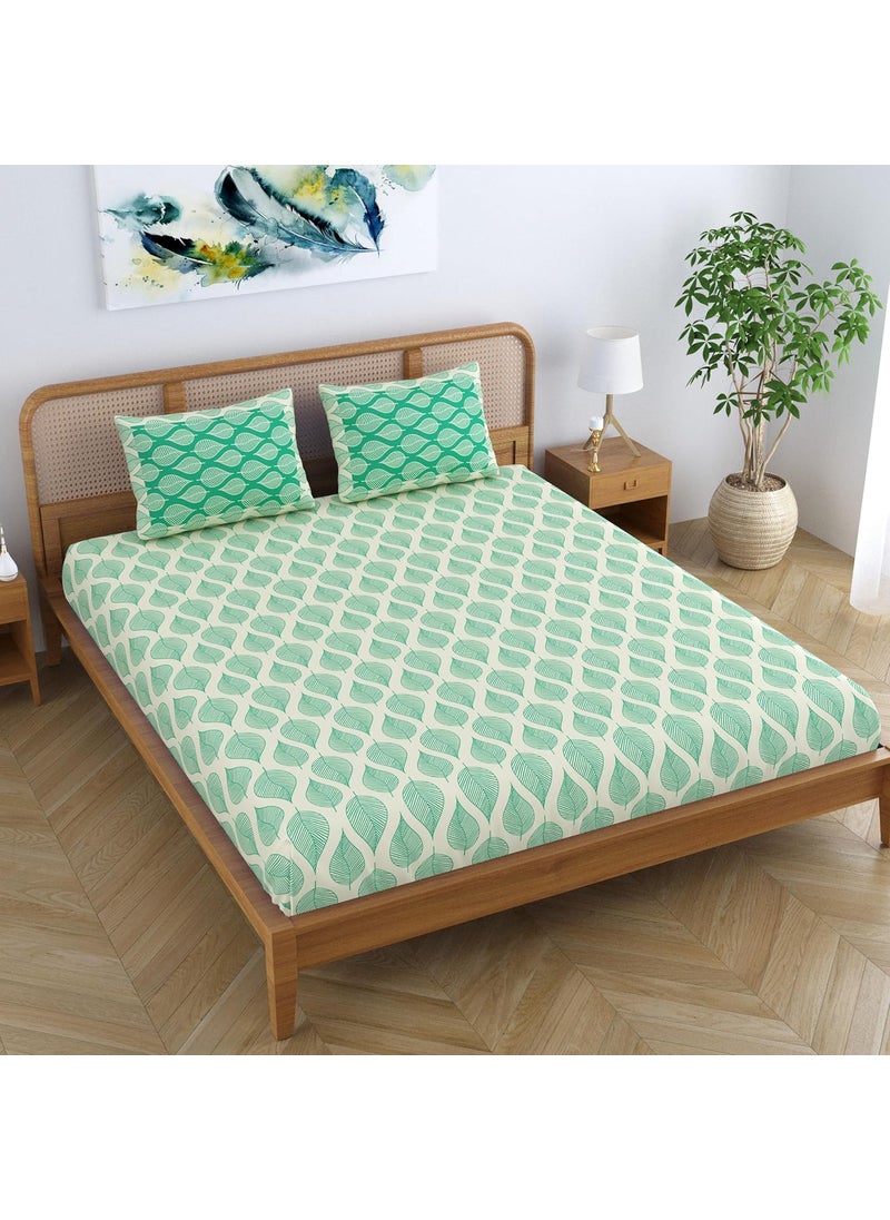 SheetKart Pure Cotton Aspen Leaves Printed Elegant Jaipuri Bedsheet for Double Bed King Size with 2 Pillow Covers Forest Green