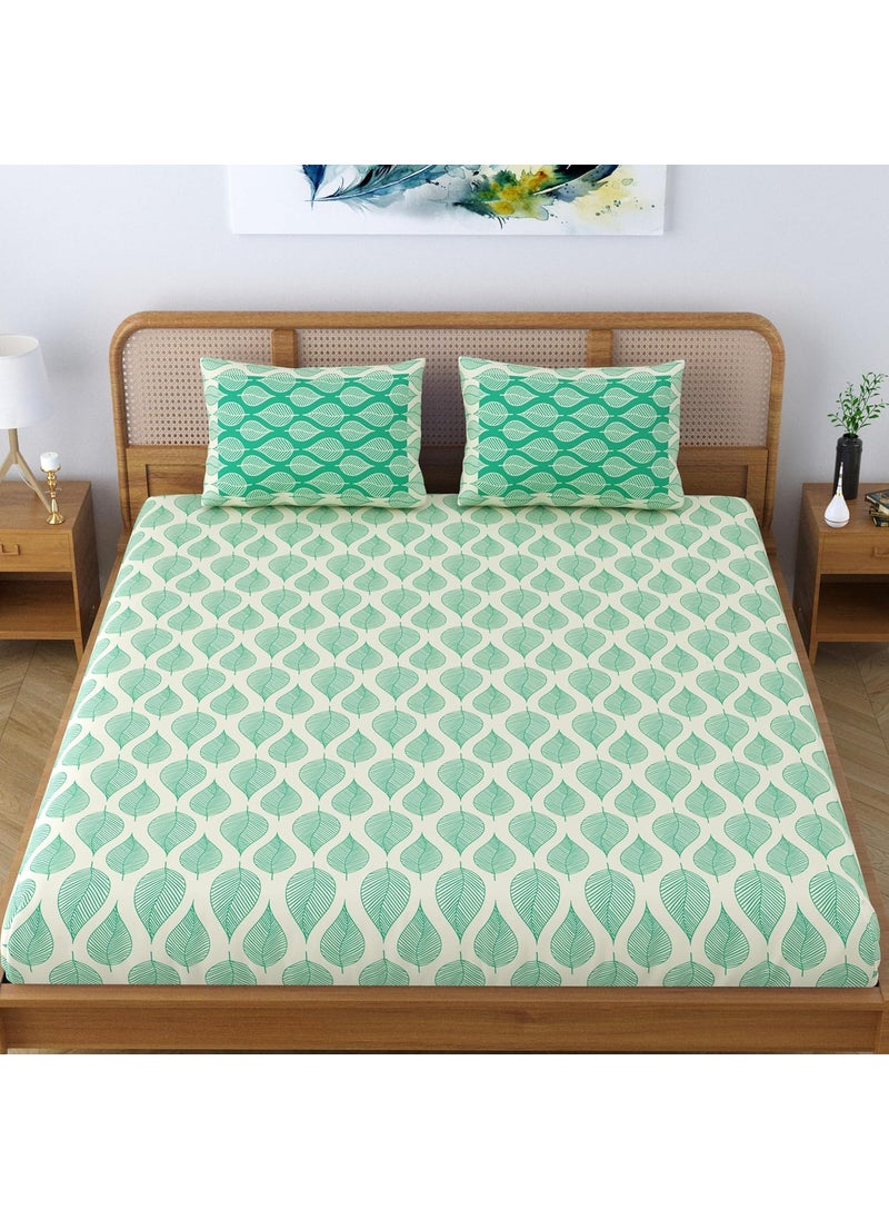 SheetKart Pure Cotton Aspen Leaves Printed Elegant Jaipuri Bedsheet for Double Bed King Size with 2 Pillow Covers Forest Green