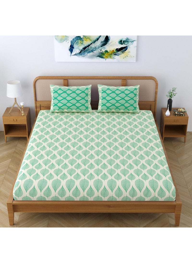 SheetKart Pure Cotton Aspen Leaves Printed Elegant Jaipuri Bedsheet for Double Bed King Size with 2 Pillow Covers Forest Green
