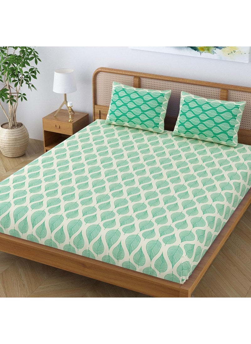 SheetKart Pure Cotton Aspen Leaves Printed Elegant Jaipuri Bedsheet for Double Bed King Size with 2 Pillow Covers Forest Green