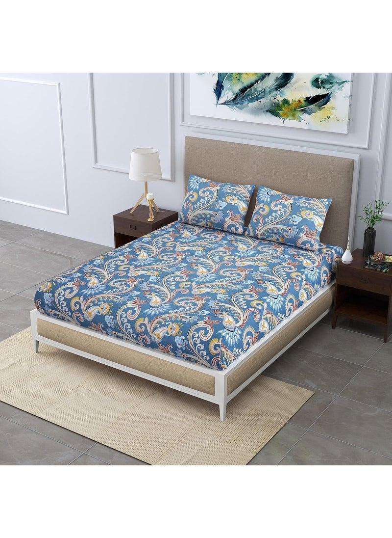 EasyGoods Super Soft Merino Floral Bedsheet Bedsheet for Double Bed King Size Double Bedsheet with 2 Pillow Covers Premium Printed Flat Bed Sheet 90 98Aqua Blue