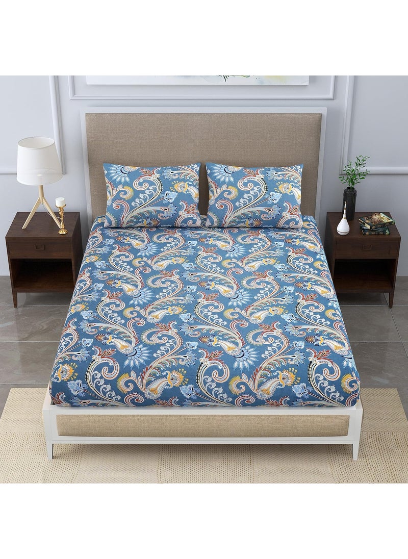 EasyGoods Super Soft Merino Floral Bedsheet Bedsheet for Double Bed King Size Double Bedsheet with 2 Pillow Covers Premium Printed Flat Bed Sheet 90 98Aqua Blue