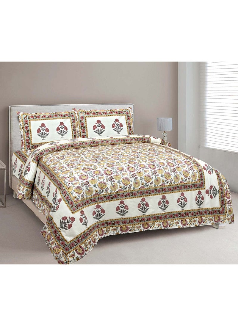 EasyGoods 240 TC Pure Cotton Bedsheet for Double Bed King Queen Size Bed Jaipuri Rajasthani Design with 2 Pillow Covers Extra Soft Wrinkle Free 90 x 103 inches Peach Monarch19