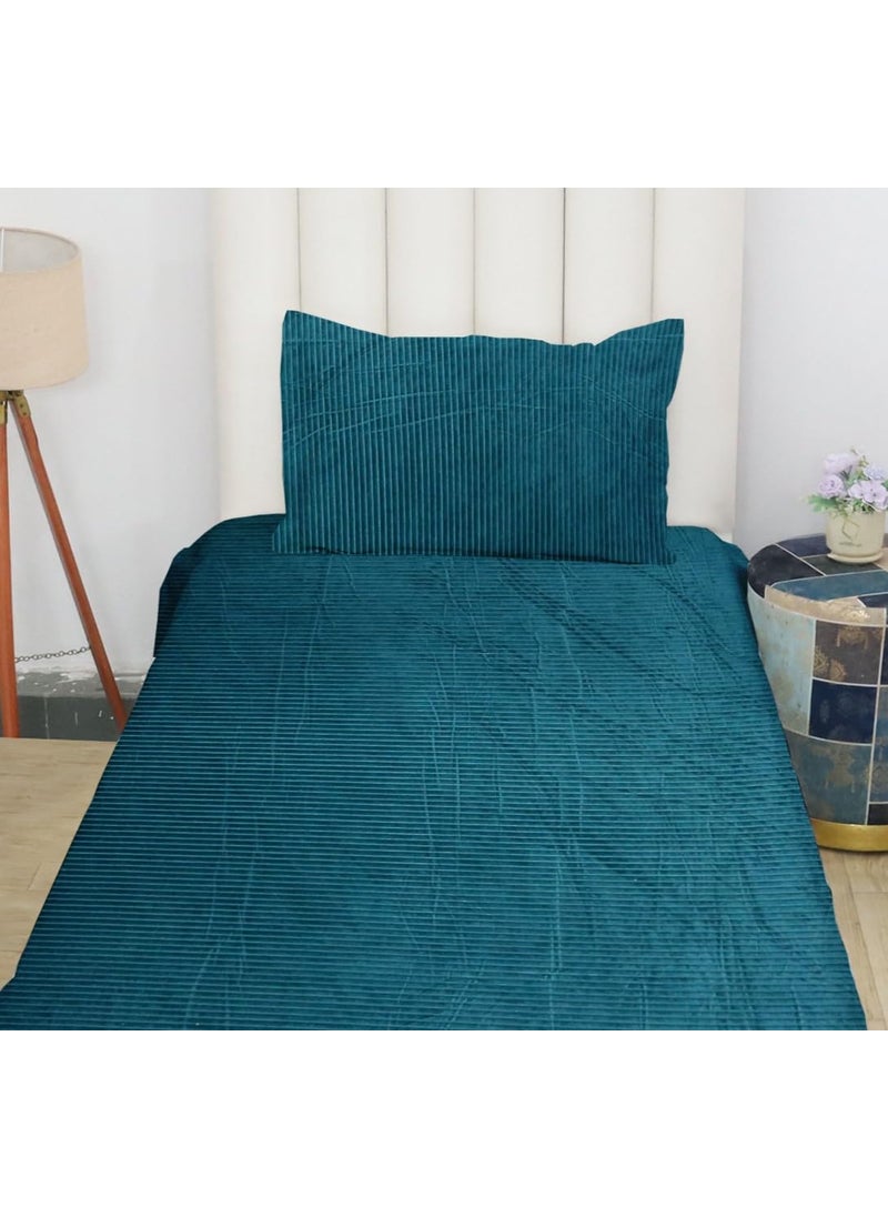 PRINDA Flannel WarmWinter Super Soft Solid Self Stripe King Size Flat Single Bedsheet90 X 60 Inch With 1 Pillow Cover 18 X 28 Inch Colour Light Crash Blue 210 TC