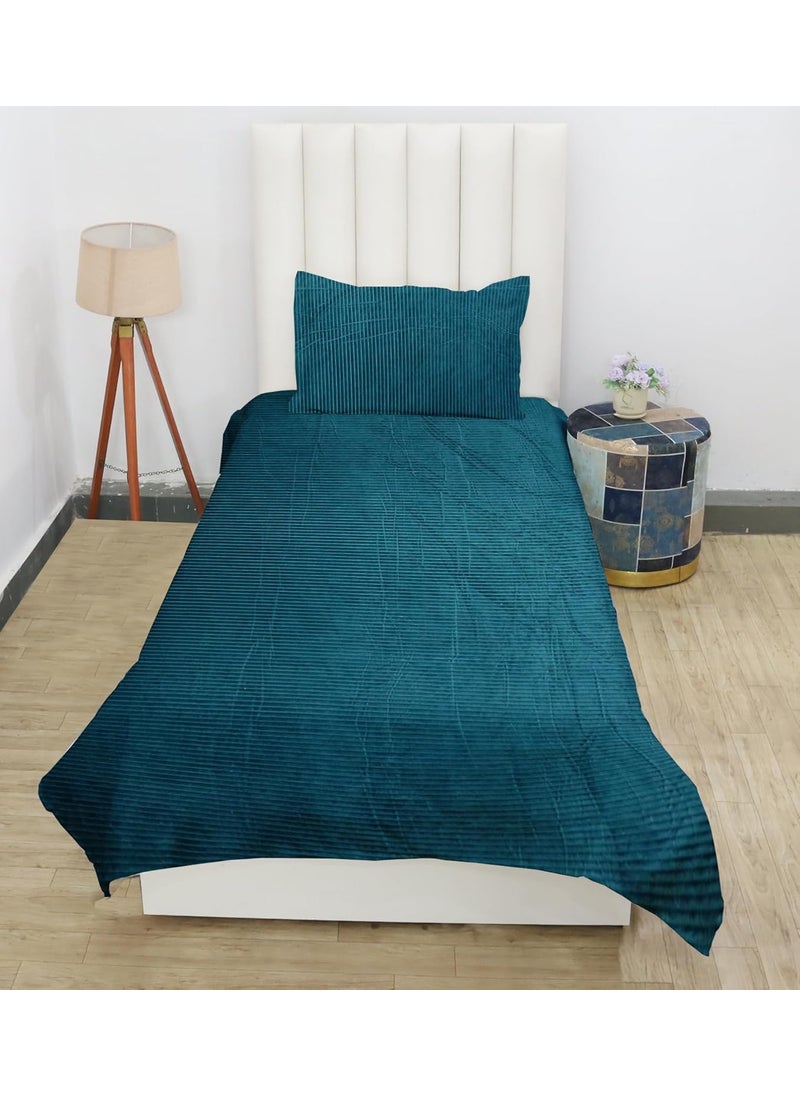 PRINDA Flannel WarmWinter Super Soft Solid Self Stripe King Size Flat Single Bedsheet90 X 60 Inch With 1 Pillow Cover 18 X 28 Inch Colour Light Crash Blue 210 TC