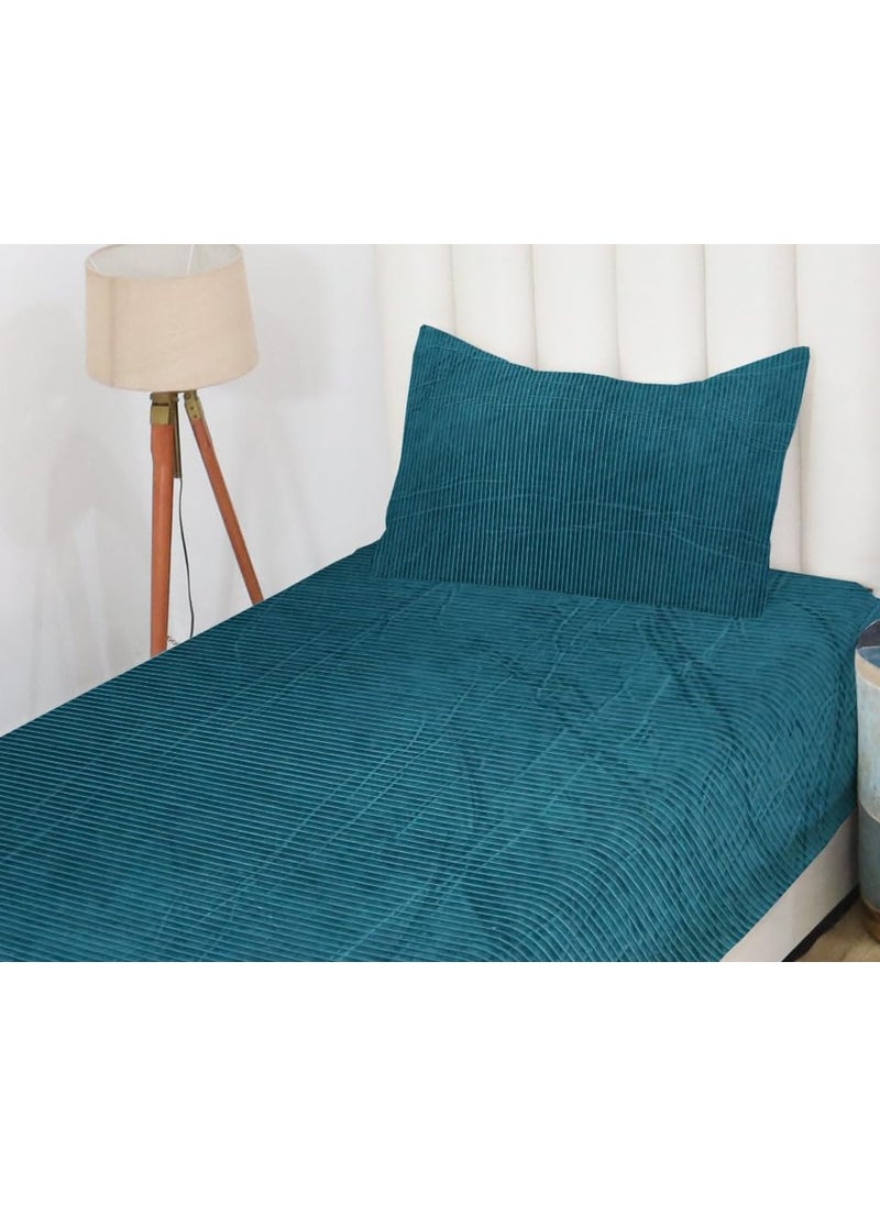 PRINDA Flannel WarmWinter Super Soft Solid Self Stripe King Size Flat Single Bedsheet90 X 60 Inch With 1 Pillow Cover 18 X 28 Inch Colour Light Crash Blue 210 TC