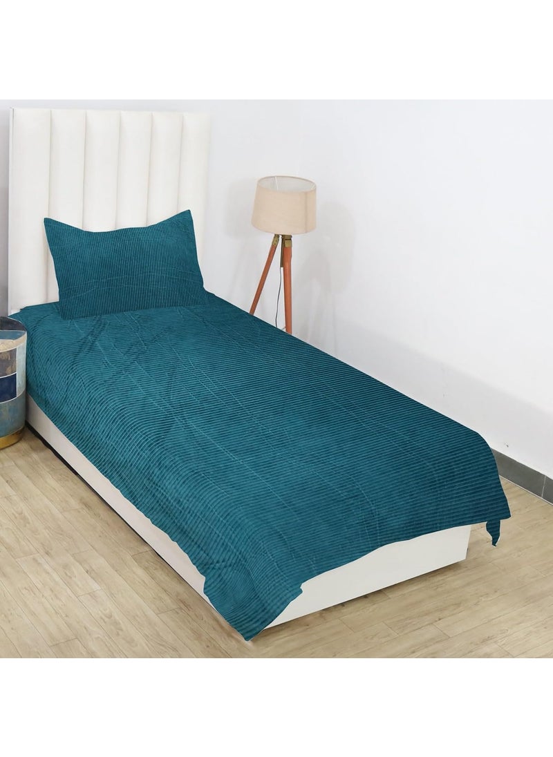 PRINDA Flannel WarmWinter Super Soft Solid Self Stripe King Size Flat Single Bedsheet90 X 60 Inch With 1 Pillow Cover 18 X 28 Inch Colour Light Crash Blue 210 TC