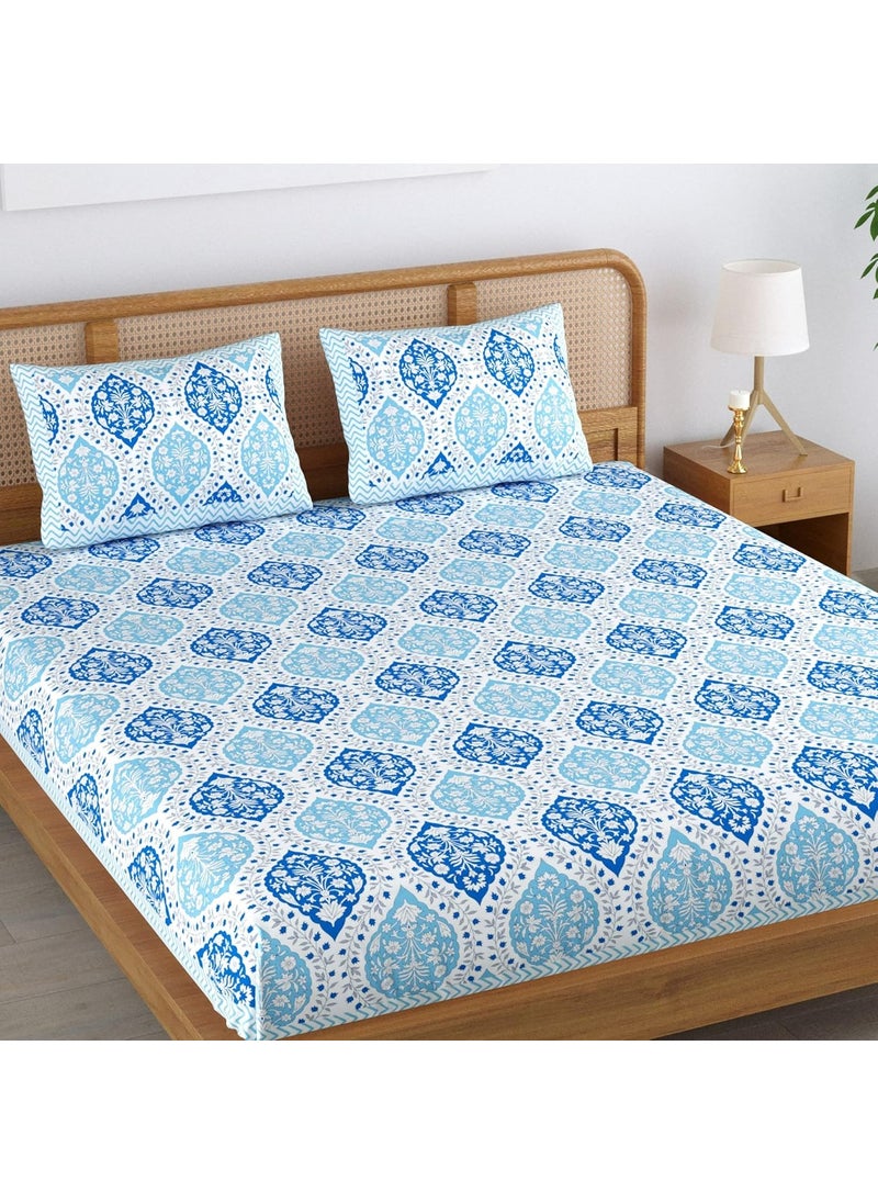 Colorish 120 TC Cotton Blend Floral Motif Printed Jaipuri Bedsheet for Double Bed King Size with 2 Pillow Covers Sky Blue
