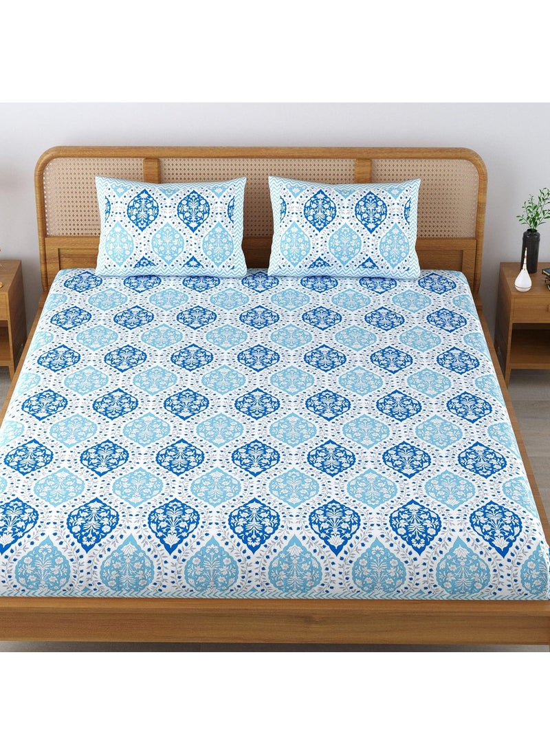 Colorish 120 TC Cotton Blend Floral Motif Printed Jaipuri Bedsheet for Double Bed King Size with 2 Pillow Covers Sky Blue