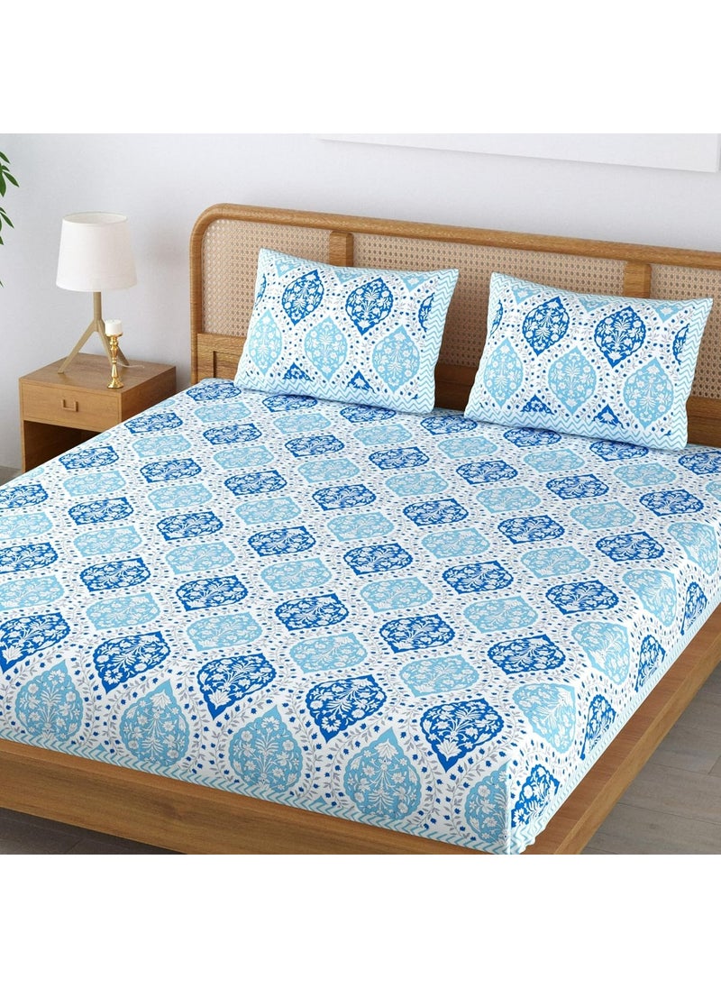 Colorish 120 TC Cotton Blend Floral Motif Printed Jaipuri Bedsheet for Double Bed King Size with 2 Pillow Covers Sky Blue