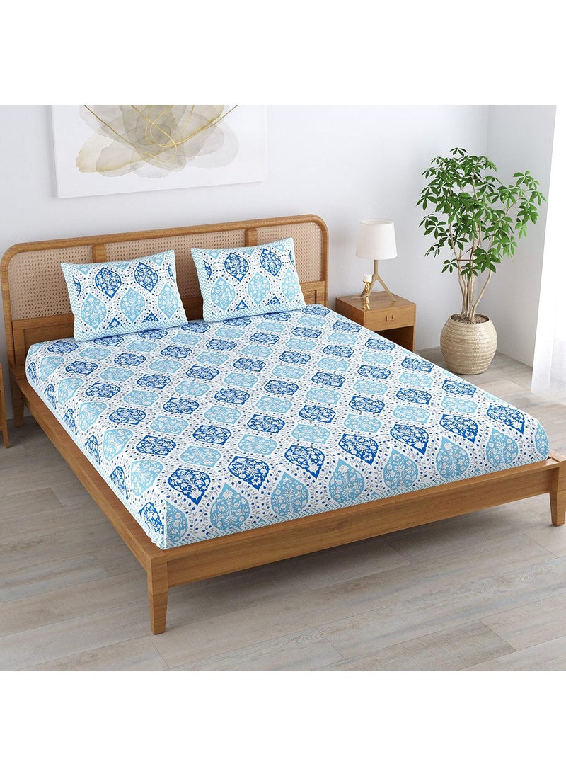 Colorish 120 TC Cotton Blend Floral Motif Printed Jaipuri Bedsheet for Double Bed King Size with 2 Pillow Covers Sky Blue