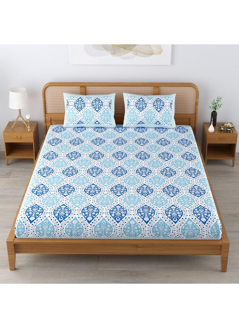 Colorish 120 TC Cotton Blend Floral Motif Printed Jaipuri Bedsheet for Double Bed King Size with 2 Pillow Covers Sky Blue