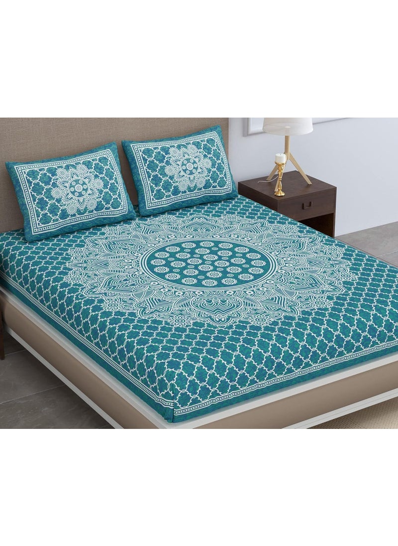 Colorish 120 TC Cotton Blend Mandala Printed Floral Jaipuri Bedsheet for Double Bed King Size with 2 Pillow Covers Sea Green