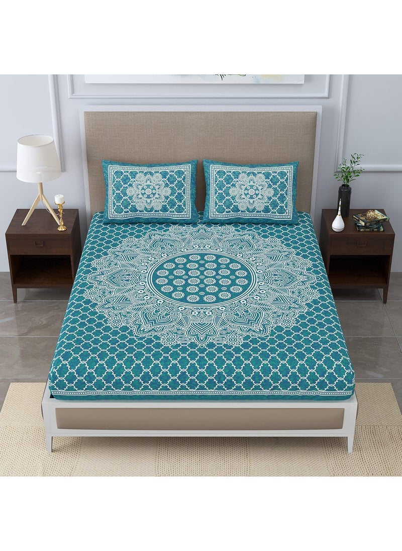 Colorish 120 TC Cotton Blend Mandala Printed Floral Jaipuri Bedsheet for Double Bed King Size with 2 Pillow Covers Sea Green