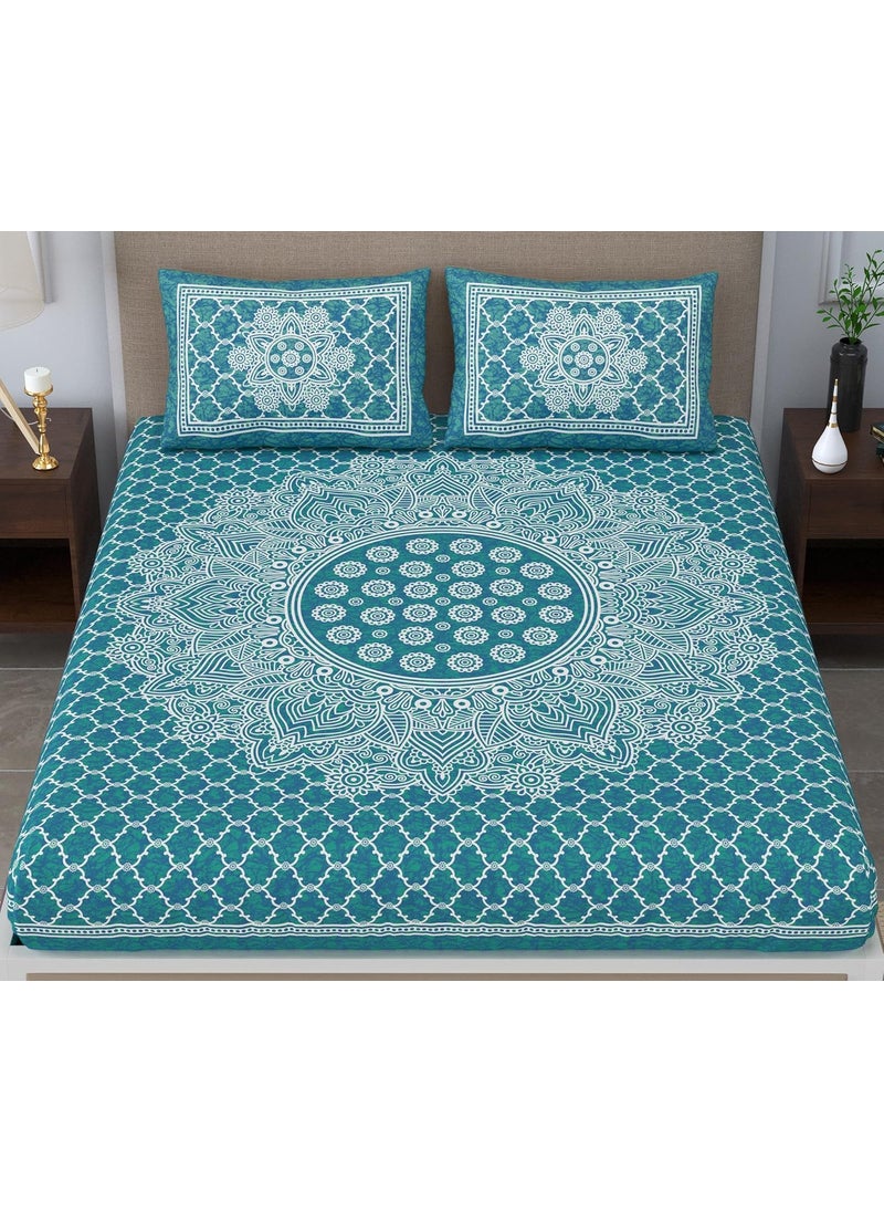 Colorish 120 TC Cotton Blend Mandala Printed Floral Jaipuri Bedsheet for Double Bed King Size with 2 Pillow Covers Sea Green