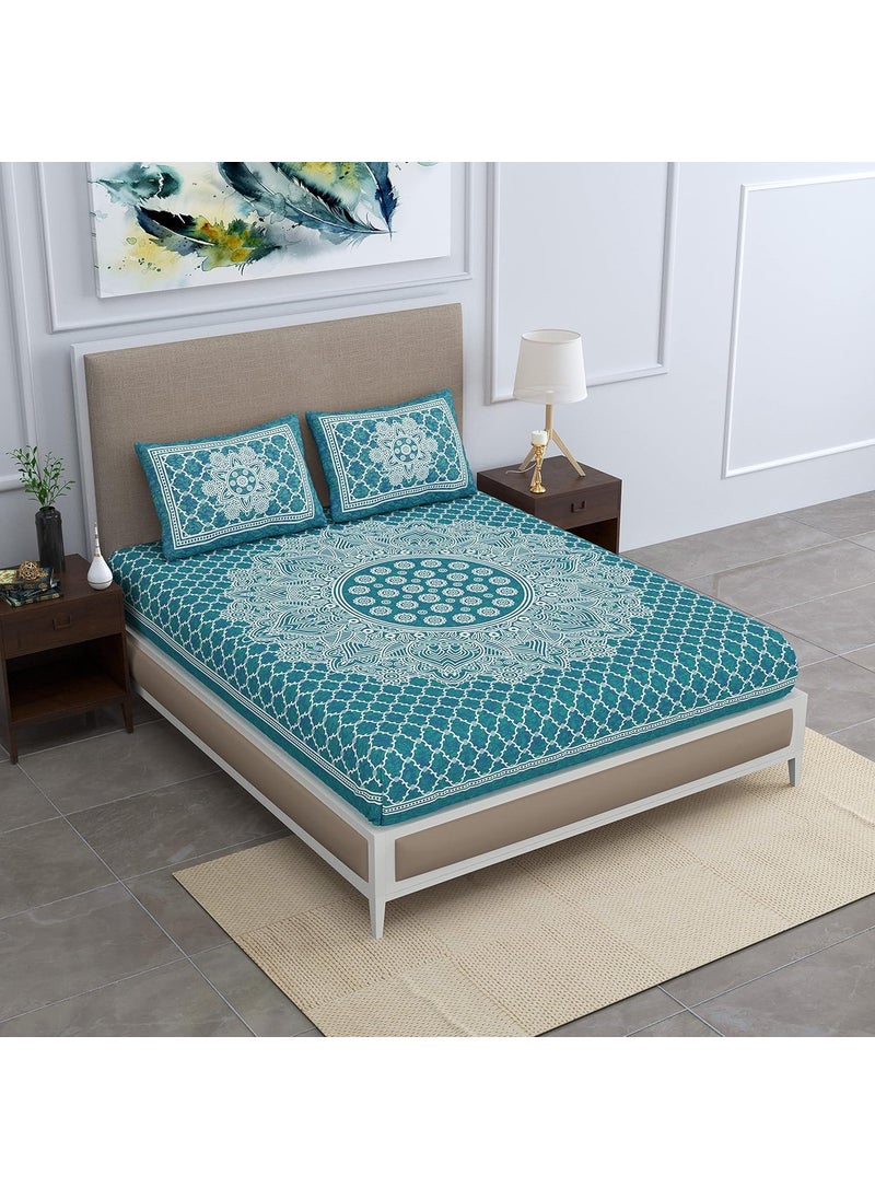Colorish 120 TC Cotton Blend Mandala Printed Floral Jaipuri Bedsheet for Double Bed King Size with 2 Pillow Covers Sea Green