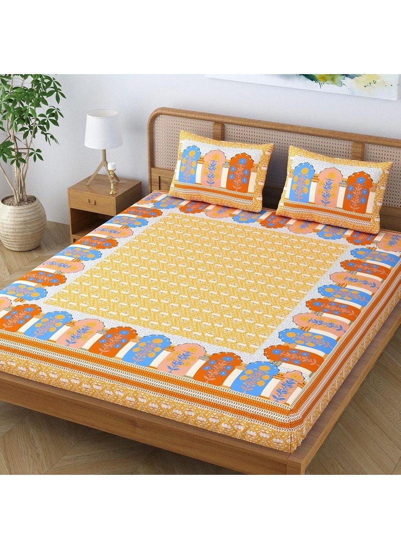 Colorish Cotton Blend Glory Floral Printed Jaipuri Bedsheet for Double Bed King Size with 2 Pillow Covers Sunkissed Yellow
