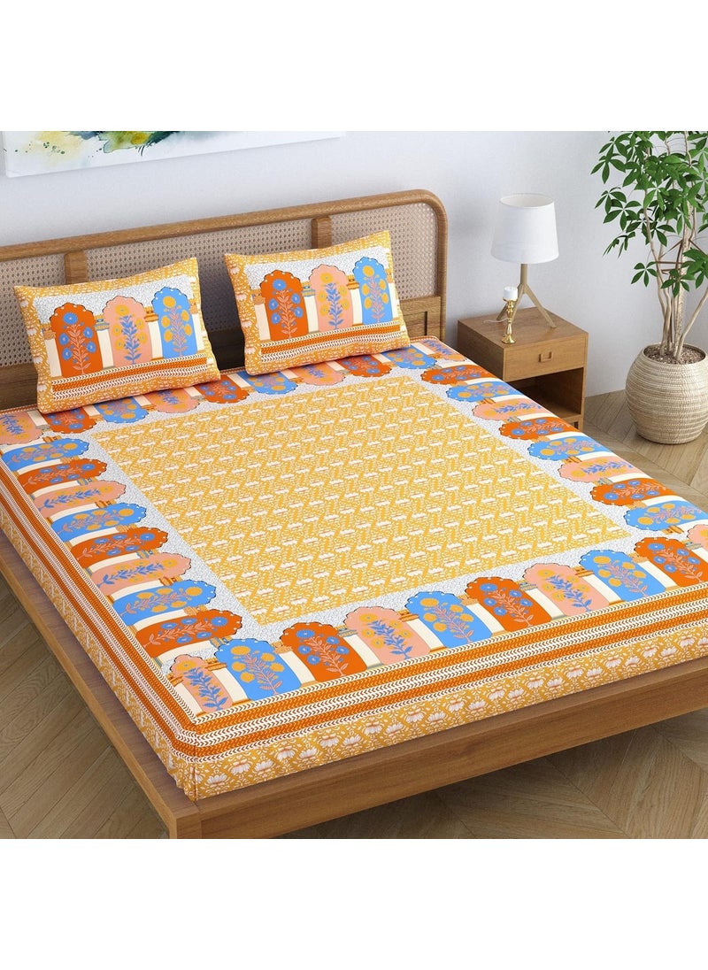 Colorish Cotton Blend Glory Floral Printed Jaipuri Bedsheet for Double Bed King Size with 2 Pillow Covers Sunkissed Yellow