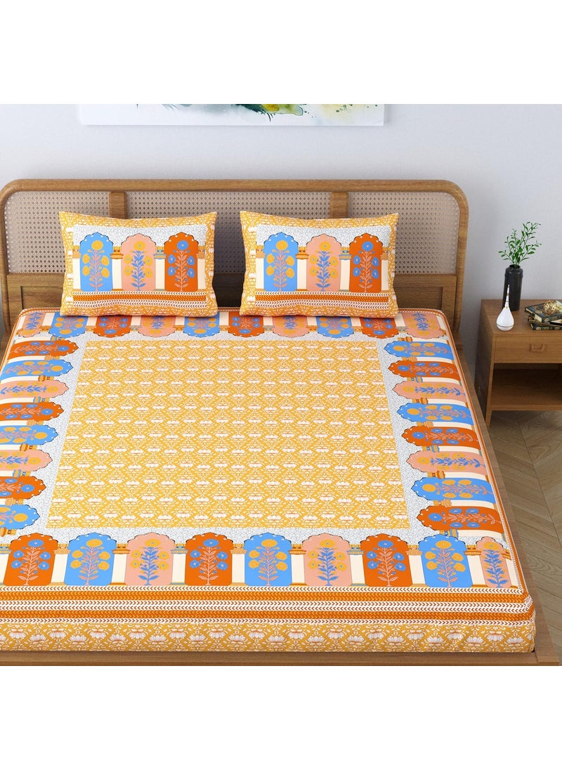 Colorish Cotton Blend Glory Floral Printed Jaipuri Bedsheet for Double Bed King Size with 2 Pillow Covers Sunkissed Yellow