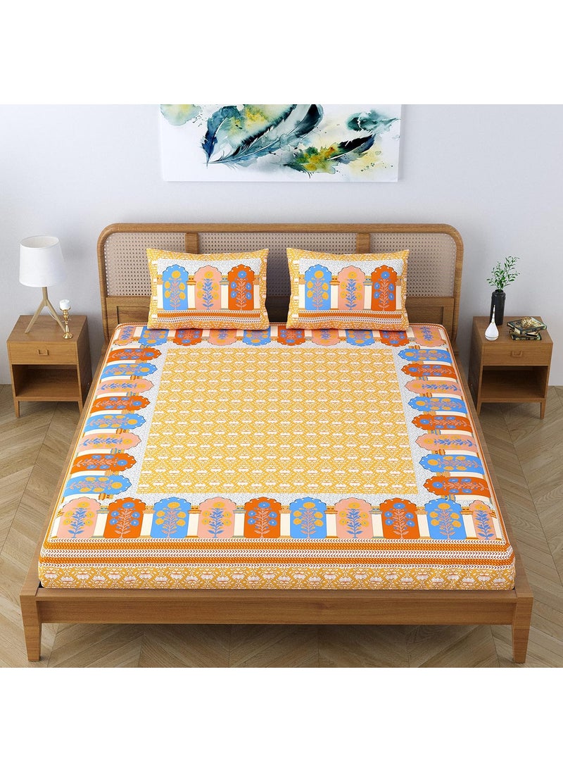 Colorish Cotton Blend Glory Floral Printed Jaipuri Bedsheet for Double Bed King Size with 2 Pillow Covers Sunkissed Yellow