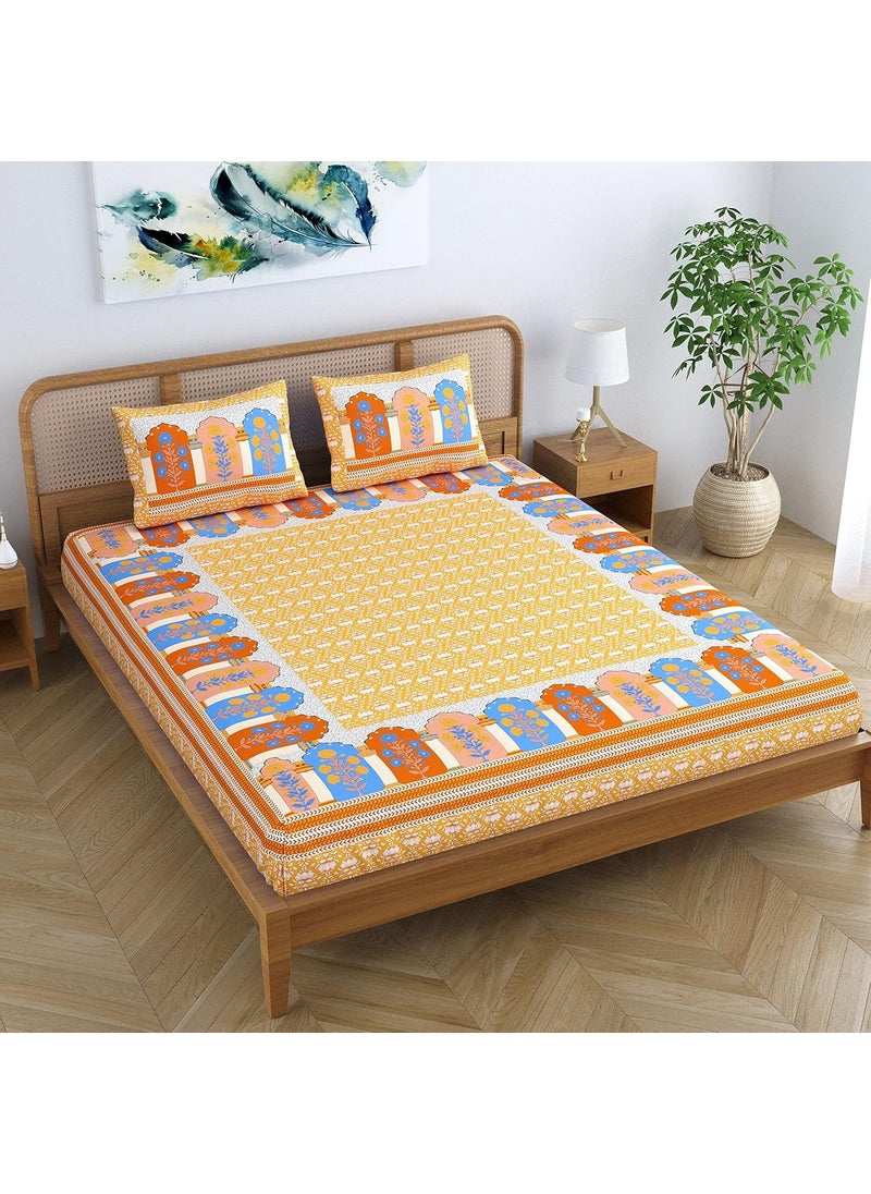 Colorish Cotton Blend Glory Floral Printed Jaipuri Bedsheet for Double Bed King Size with 2 Pillow Covers Sunkissed Yellow