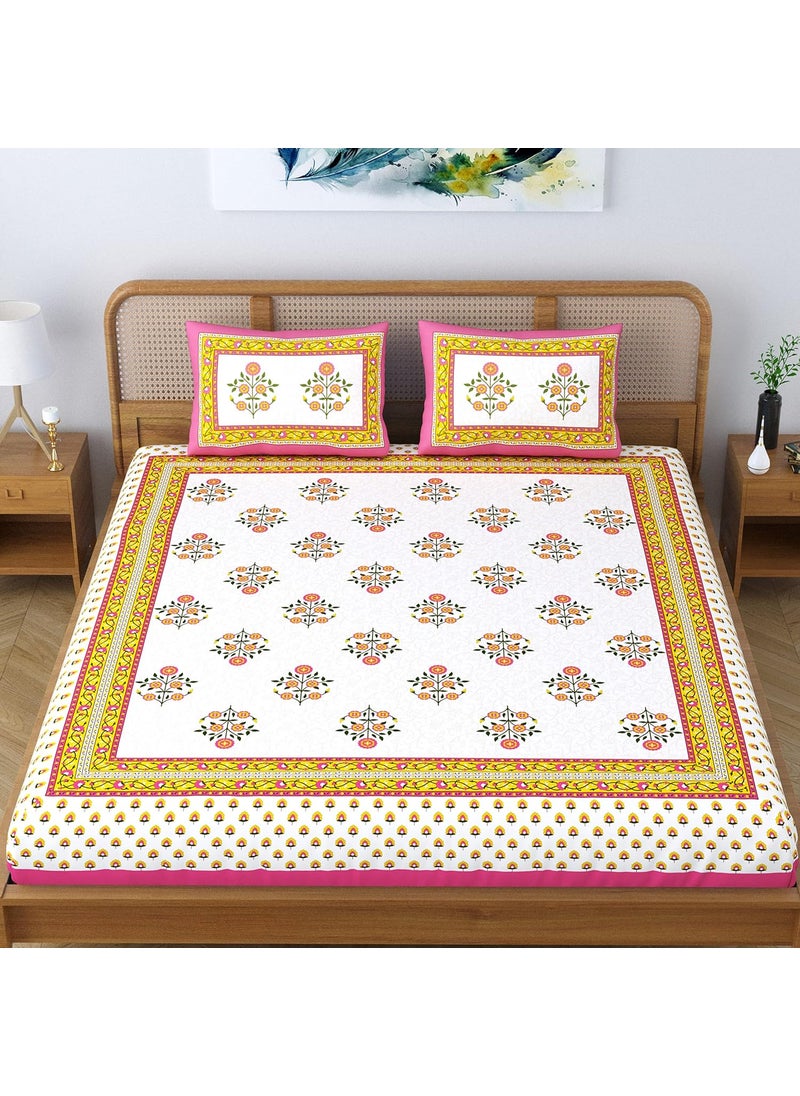 Colorish Cotton Blend Jaipuri Floral Printed 104 TC Double Bedsheet King Size With 2 Pillow Covers Pink Touch
