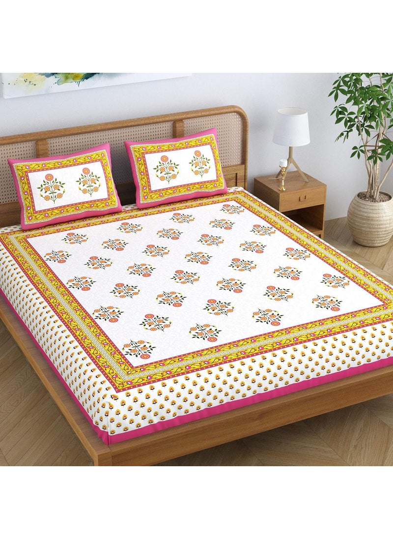 Colorish Cotton Blend Jaipuri Floral Printed 104 TC Double Bedsheet King Size With 2 Pillow Covers Pink Touch