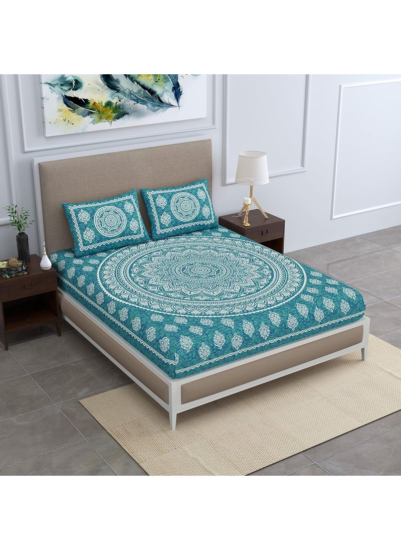 Colorish Cotton Blend Traditional Mandala Jaipuri Printed Bedsheet for Double Bed King Size with 2 Pillow Covers Sea Green H603 120 TC